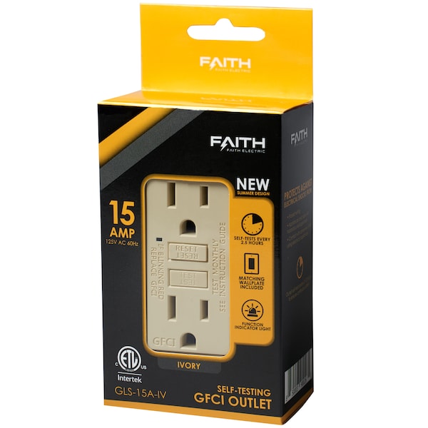 Faith Self-Test 15A GFCI Outlet Receptacle with Wall Plate, Ivory GLS-15A-IV - main